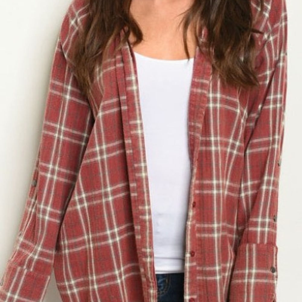 plaid button down with snap buttons on sleeves
